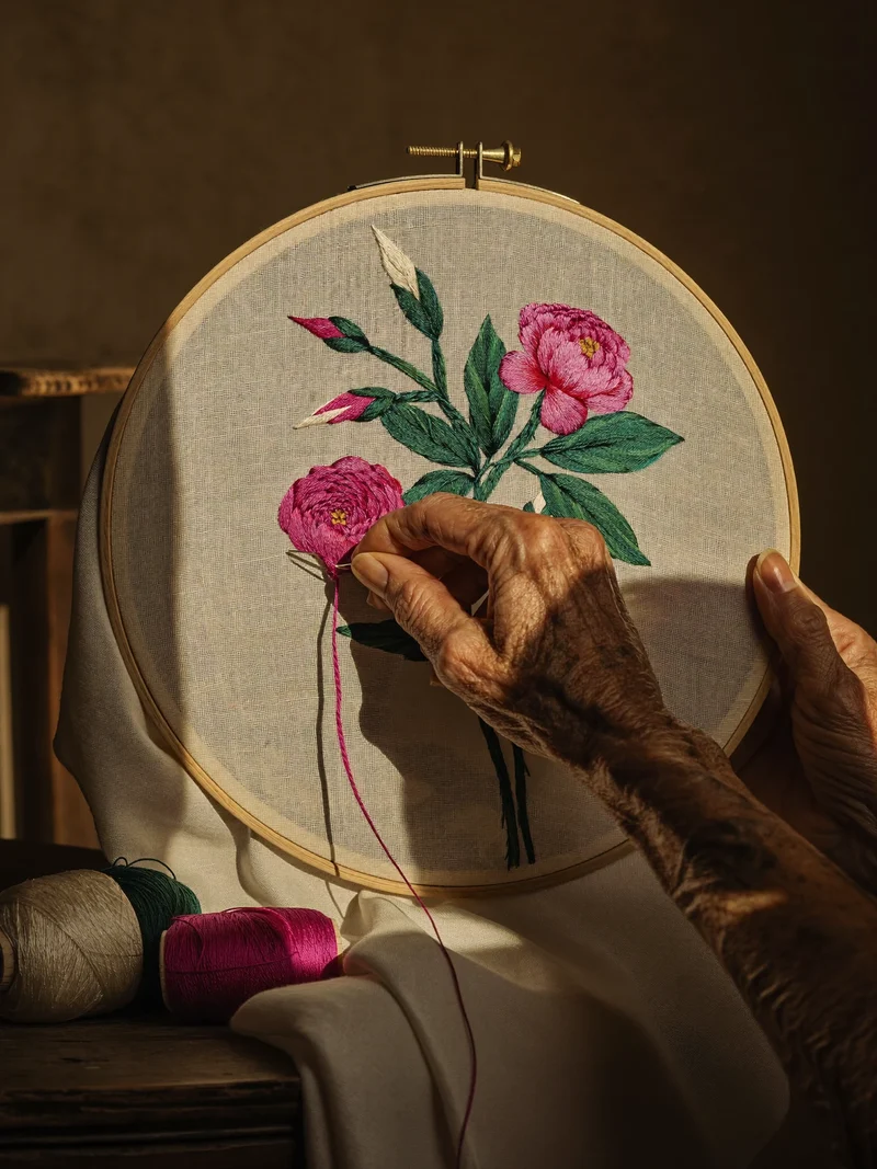 Ricamo floreale su lino naturale teso in un telaio di legno.