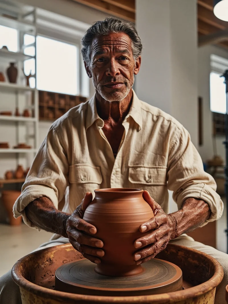 Un uomo dalle mani segnate modella una ciotola di terracotta al tornio.